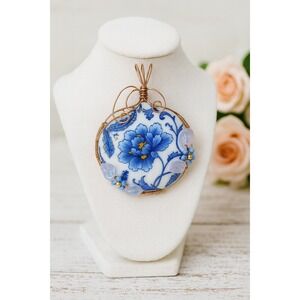 Repurposed‎ China Pendant Upcycled Floral Plate Shard Copper Wire Wrapped